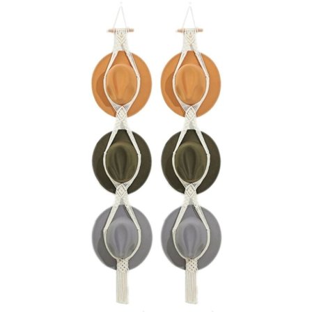 Macrame Hat Holder til Ophængning på Væggen, Bohe Mia Hat Holder til Opbevaring Dekorativ Kasketarrangør på Tavle - Pakke med 2
