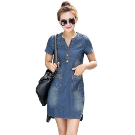 V-hals stilful casual blå denim T-shirt kjole (blå 4XL)