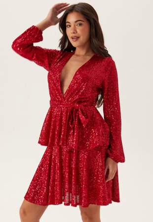 John Zack-Sequin Deep V Ruffle Skater Dress-M (UK12)