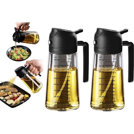 2-i-1 Olivenoljesprøyte - 470 ML - Glass - Olivenoljeflaske med helle- og sprayfunksjon
