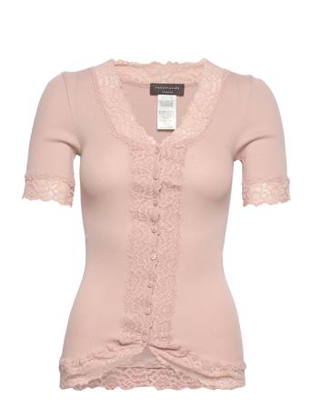 Organic Cardigan Regular Ss W/Lace Pink Rosemunde