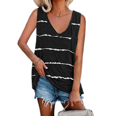 Randig Printed V-hals Loose Pocket Vest Topp