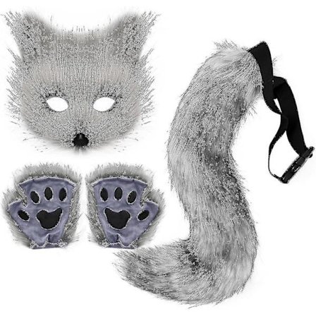 2024 Fuskpäls Räv Svans Katt Cosplay Kostym Set Plysch Mask Fluffiga Tassar Handskar Halloween Jul_ry