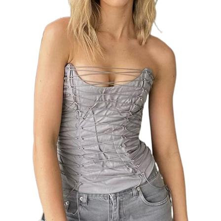 Kvinnors Denim Push Up Bustier Tubtopp Strapless Knäppning Upp #S Gray S