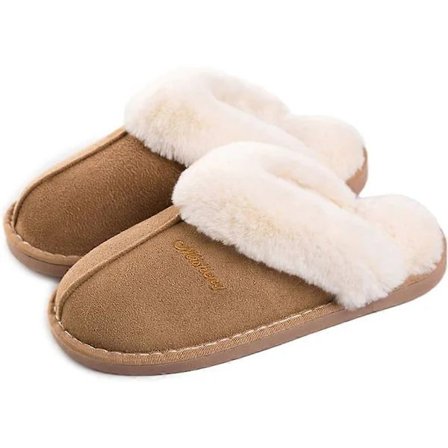 Naisten muistivaahtomuoviset pörröiset slip-on-sisätossut mokkanahkaa, turkisvuori/liukuestepohja, sisä- ja ulkokäyttöön - Qin