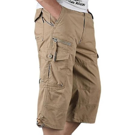 Herre 3/4 Lange Elastiske Talje Shorts Cargo Combat Trekvart Bukser Khaki
