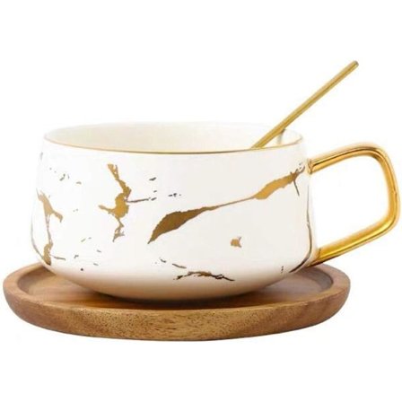 Porselen Tekopp & Skålsett for Afternoon Tea - Marmormønster (Svart, Kort 300ml + Trefat)