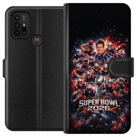Yhteensopiva Lompakkokotelo Motorola Moto G30 Super Bowl 2026 juliste, jossa New England Patriots ja NFL-mestaruuspalkinto räjähtävän urheilullisessa