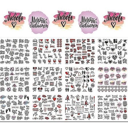 BN1489 1500 12stk Spikerkunst Slider-overførings Vannklistremerker Svart Geometriske Bokstaver Spiker