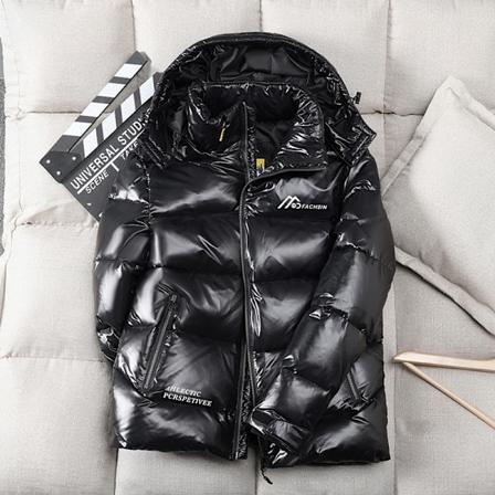 Vinter varm skinnende dunjakke med hette for menn svart svart 2XL