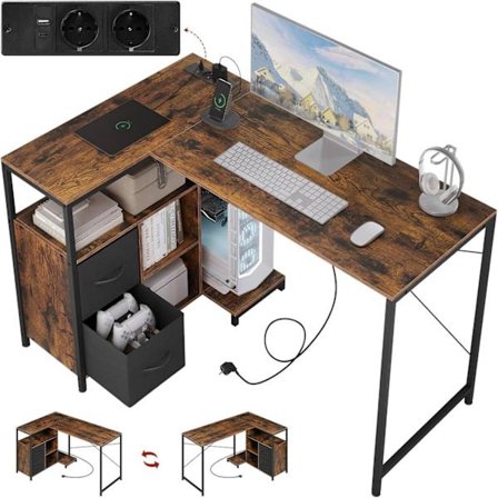 Rootz L -muotoinen kulmapöytä - Office Desk - WorkStation - Sisäänrakennetut pistorasiat ja USB -portit - 120 x 75 x 80 cm -ruskea