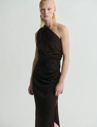 Mango Asymmetrical Satin Dress With Side Slits - Brown - S