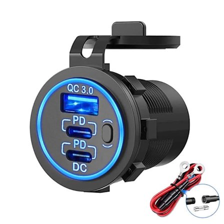 USB-C billader kompatibel med biler, bobiler og båter; 12V USB-port; 58W effekt.