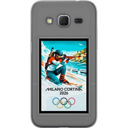 Yhteensopiva Puhelinkuori Samsung Galaxy Core Prime Retrojuliste Cortina Milano 2026 vuorilla, talviurheilijoilla, italiankoloreilla, Milanon tuomioki