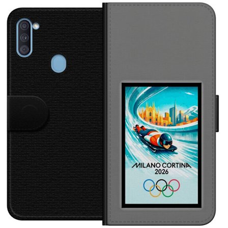 Yhteensopiva Lompakkokotelo Samsung Galaxy A11 Dynaaminen kelkkailija tai skeleton-ajaja jääkanavalla Milanon Cortina 2026 kanssa, kaupunkinäkymä ja o