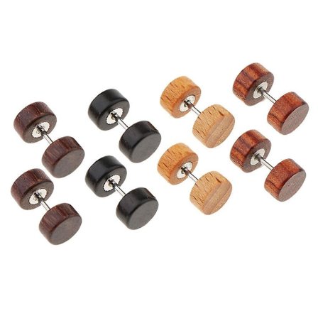 4 Pairs Double Sided Wood Earrings Men Women Body Jewelry Barbell Ear Stud