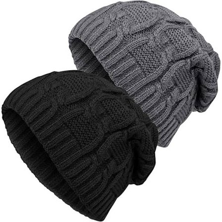 Varm Vinterhue til Kvinder - 2-pak Blød Stretch Plys Hue - Løs Strik Ski Hue - 30x24cm