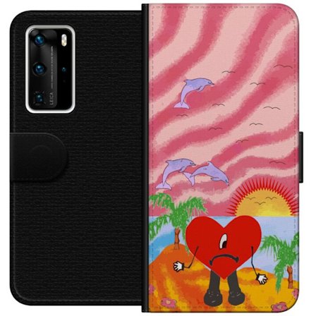 Kompatibelt Lommeboketui til Huawei P40 Pro Bad Bunny i en fargerik quiltet jakke med hjertemønster og solbriller i moderne gatestil