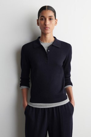 COS Women's Cropped-Sleeve Merino Wool Polo Shirt in Blue