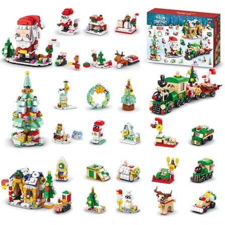 Byggeklosser for barn - 24 dagers nedtellingskalender Blindboks for 8-12 år gamle Tre Julhus Julenissen Jernbanevogn Byggeklosser