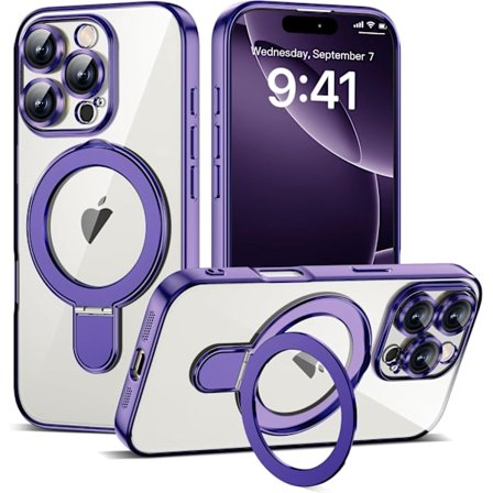 Kompatibel med iPhone 16 Pro Skal med Magnetisk Ringstativ [Kompatibel med Mag-Safe] [Fullständigt Kameralinsskydd] Pläterad Klar Pho{ee}