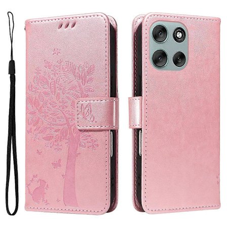 Motorola Moto G56 5G -puhelinkotelo jalustalla, kissapuu-kuvioinen nahkalompakkokotelo (vaaleanpunainen kulta, ruusukulta)