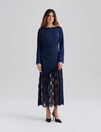 Malina Suki Diagonal Cut Lace Midi Dress - Navy - 34
