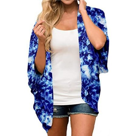 Blommig Kimono Cardigan för Kvinnor, Lös Blus Topp --- Blå Färg (Storlek S)