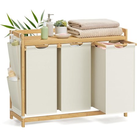 Vasketøjskurv med 3 rum, Rummer op til 150 l, 3 x 50 l, 94 x 33 x 78 cm, Cremefarvet
