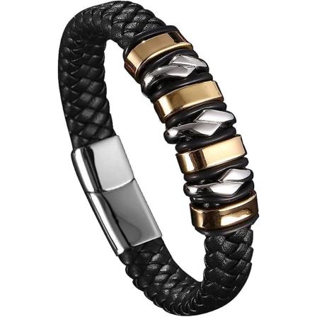 Herre skinnarmbånd flettet mansjettarmbånd med sølv- og gullornament