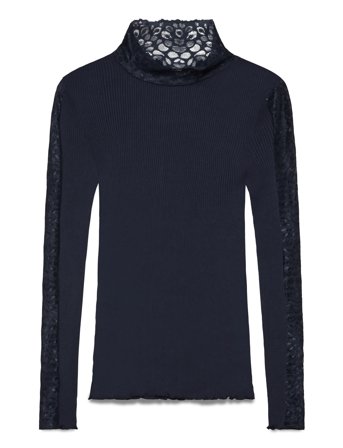 Rwbeatha Silk Ls Lace T-Shirt Navy Rosemunde