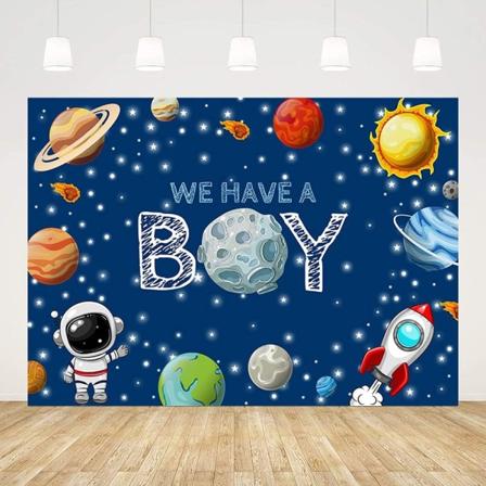 7x5ft Ytre rom tema bakgrunn for gutt baby shower galakse planet astronaut rakett måne foto kjønn avsløre bakgrunn veggdekor banner
