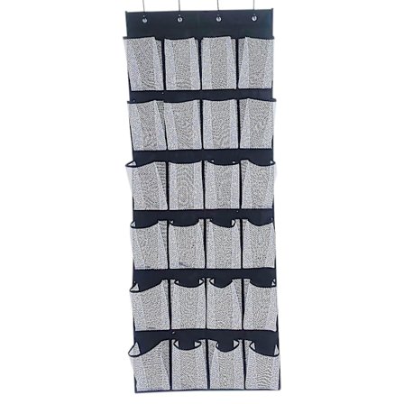 Skohylde til dør med 24 store lommer, transparent stof til opbevaring (sort)