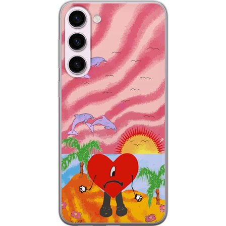 Kompatibel Mobilcover til Samsung Galaxy S23+ Bad Bunny i en farverig quiltet jakke med hjertemønster og solbriller i moderne gade stil