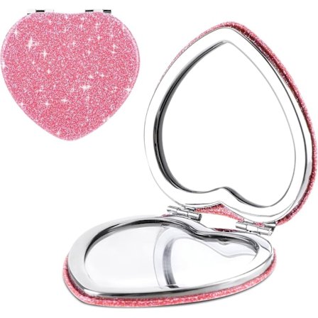 Kompakt Speil for Håndveske, Hjerteformet Dobbeltsidig 1X/2X Forstørrende Glitter Mini Sminkespeil Reiseportabel