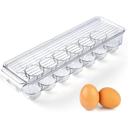 Äggförvaring kylskåp, 14-facks äggförvaringsbehållare, äggdispenser i plast med lock, stapelbar klar ägghållare för kylskåp, 37 x 11 x 7,5