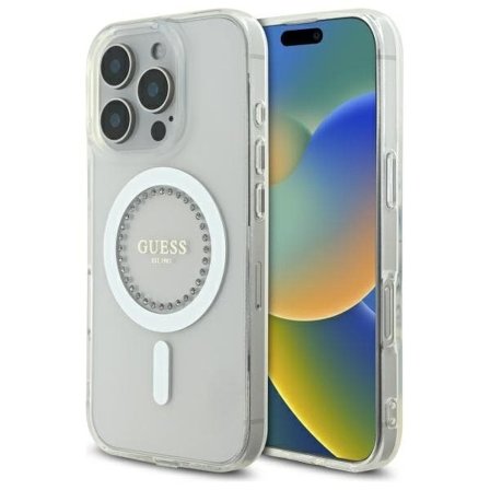 Guess IML Rhinestones MagSafe-etui for iPhone 16 Pro - Hvit