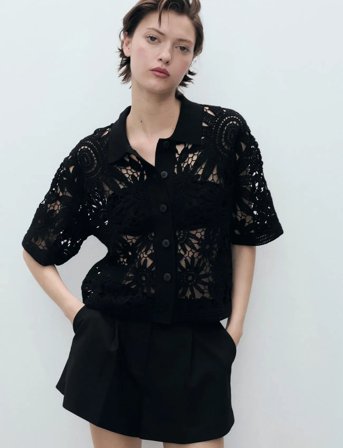 Mango Short-Sleeved Crochet Cardigan - Black - M