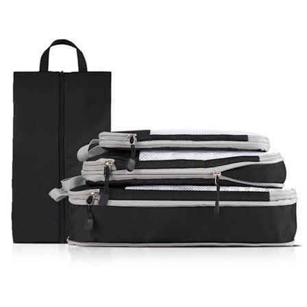 4-pack Resväska Vikbar Förpackningsväska Nät Synlig Artikel Kläder Sortering för Resa Affärsresa Svart 4-pack (Inklusive Sköväska)