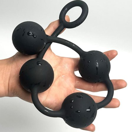 Buttplugi silikonisilla anaalihelmillä, anaalilelut turvallisella vetorenkaalla mustana (L) L