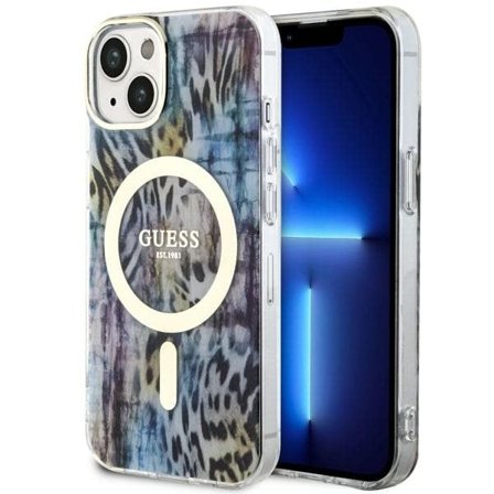 Guess Leopard MagSafe-etui for iPhone 14 - blå