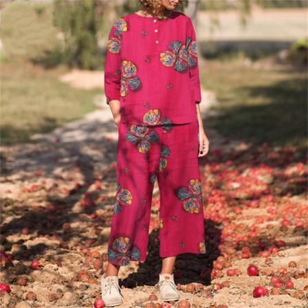 Boho Blommiga Printed Kvinnor Set 2 St Kostymer Sommar 3/4 Ärm Blo