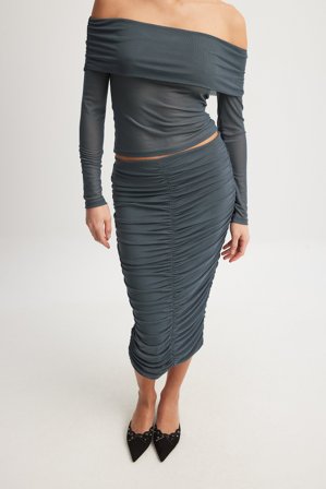 Vollan x NA-KD Rouched Mesh Midi Skirt - Jupes mi-longues - Gris - S