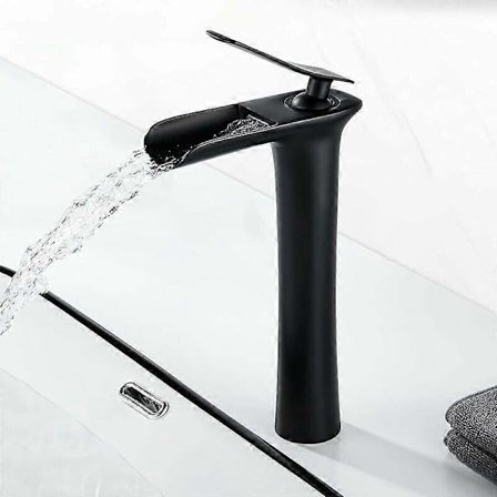 Blandebatteri Baderom Foss Svart Matt, Moderne Høyt Foss Blandebatteri Servant, Servantbatteri med Tut Høyde 235mm, Blandebatteri Baderom i Messing,