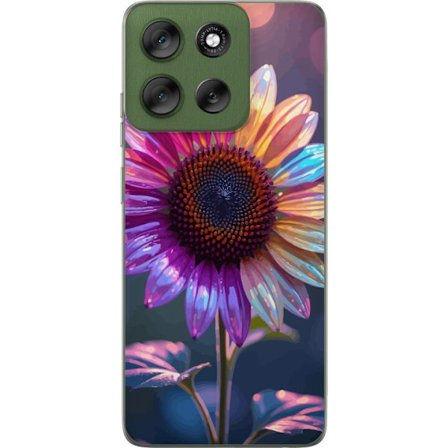 Kompatibelt Mobildeksel til Motorola Moto G56 Irideserende blomst med glitrende kronblad i rosa lilla og gull mot myk bokeh bakgrunn