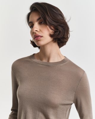 GANT - Genser i ekstra fin merinoull med rund hals til dame taupe beige