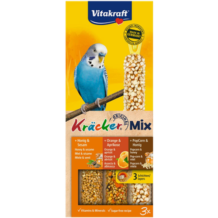 Vitakraft - Crackers TrioMix Budgie Honey Popcorn 3-pk. - Fuglegodteri & kräcker - Frøstenger & frøkolber - ZOO.no