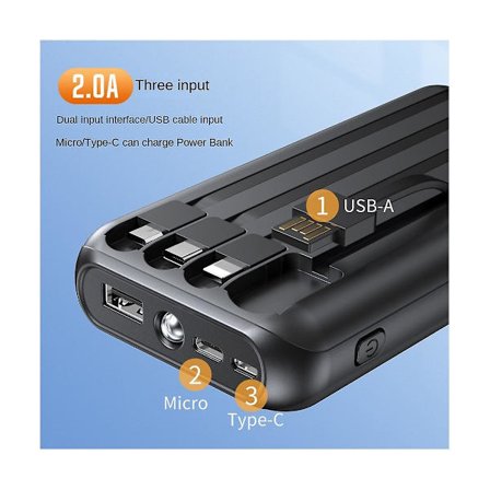 Bærbar solcellelader, 20000 mAh Powerbank indbygget output og input kabler hurtig opladning til Smart