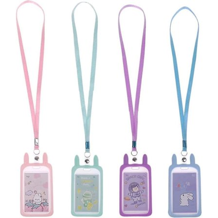 4 søde dyreører i form af kaninører, id-kortholder med halsbånd, lodret id-kortholder, vandtæt, gennemsigtig, hård plast, tegneseriefigur, navn