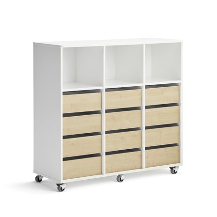 Schüleraufbewahrung CASPER, 12 Schubladen, 3 obere Fächer, weiß, Birke